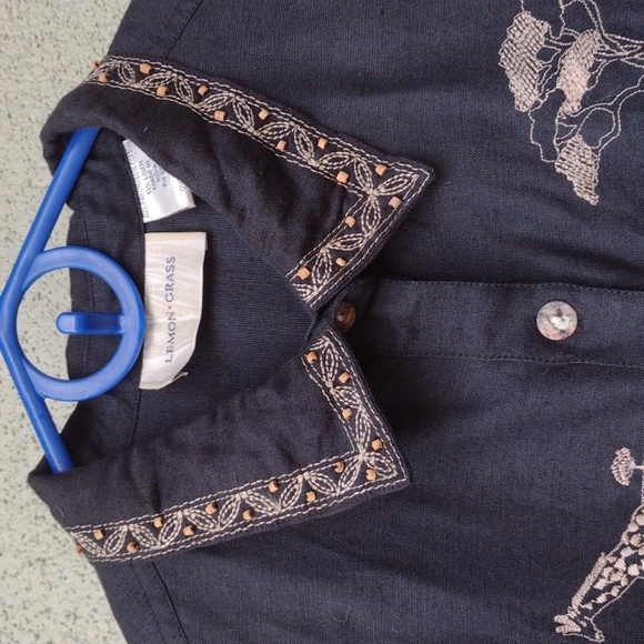 Lemon Grass Black Embroidered Button-up Shirt L - Picture 3 of 10